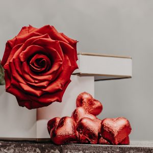 Single Red Rose Gift Box with Chocolates.